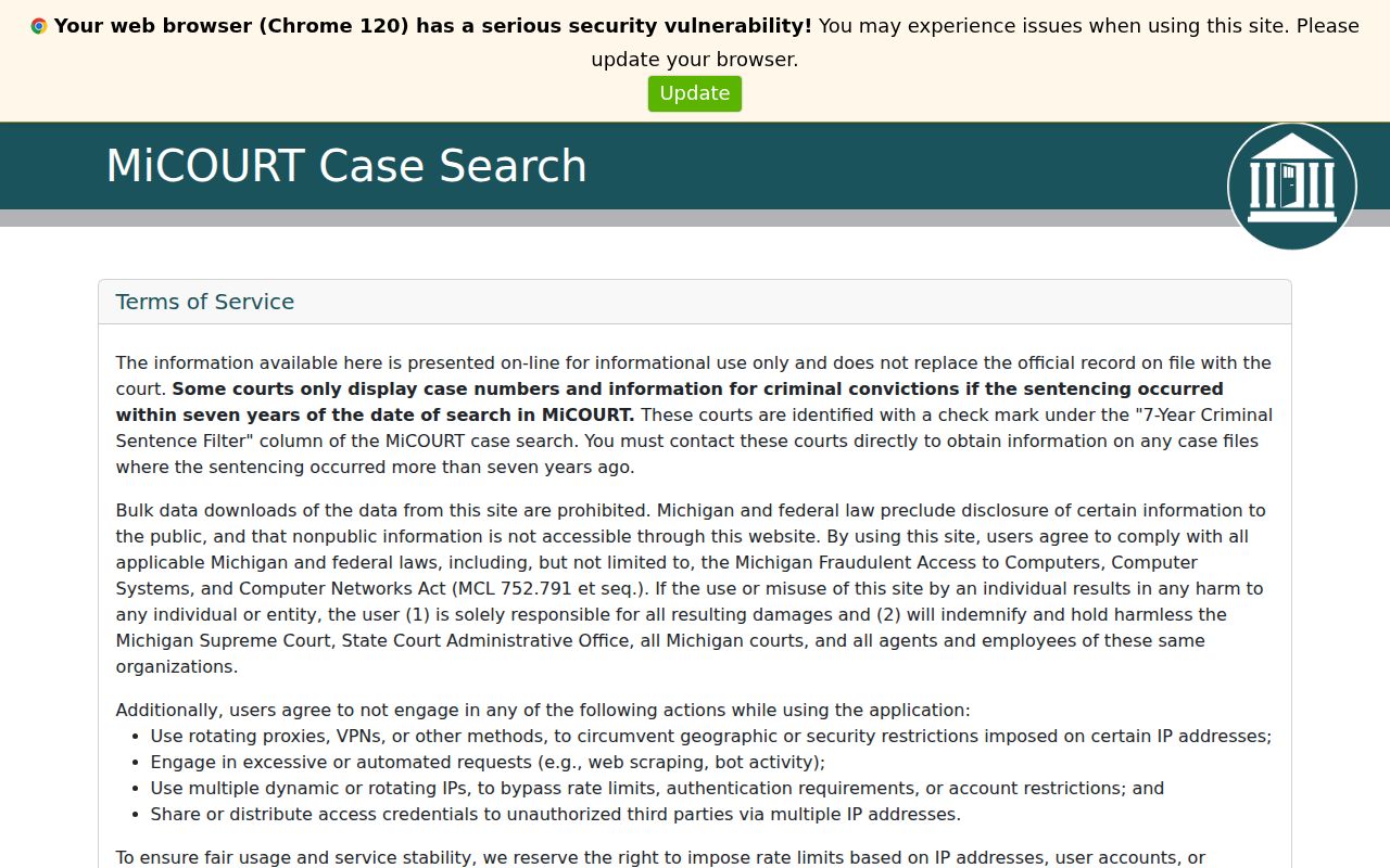 Oceana County case search MiCOURT public case search interface