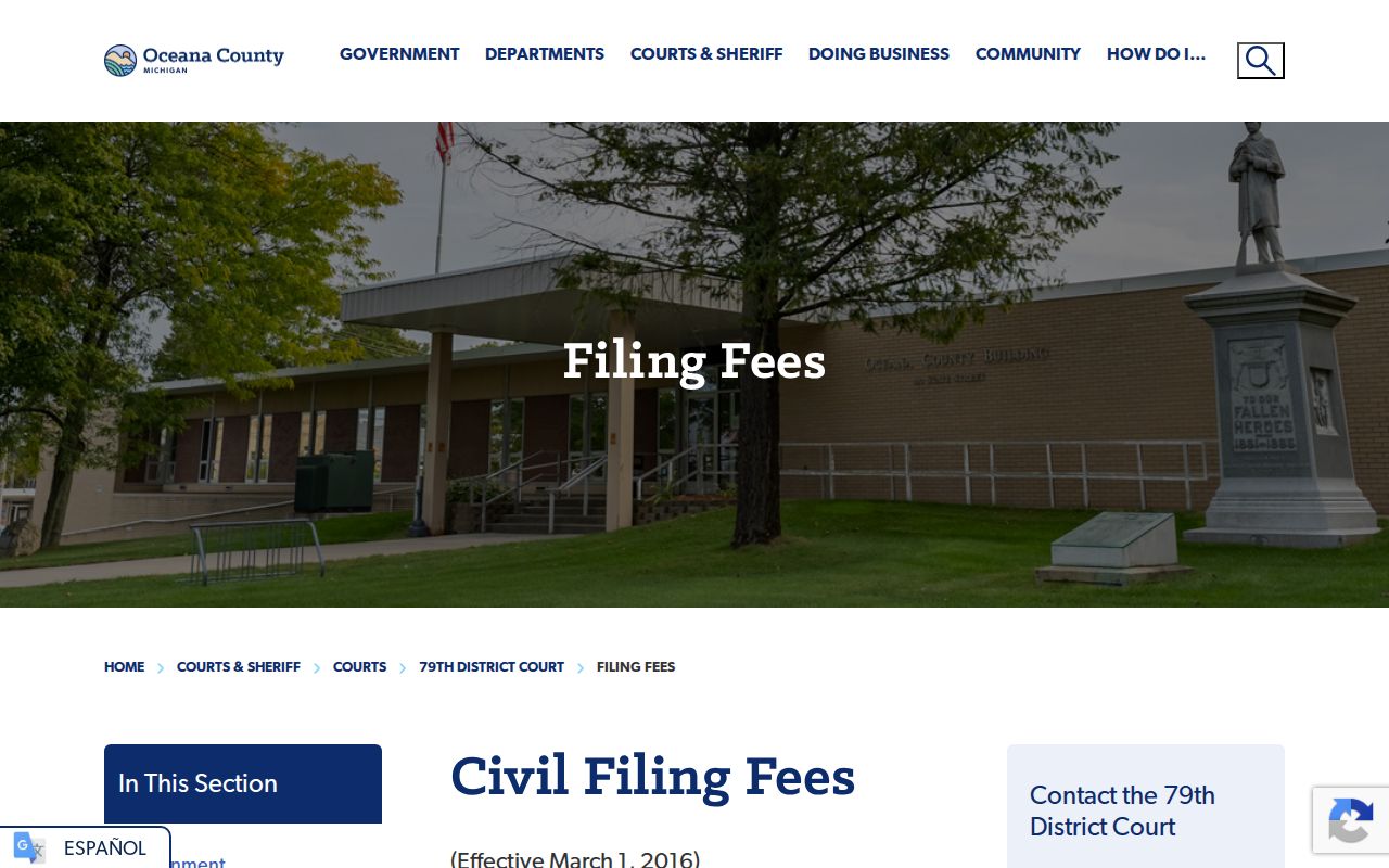 Oceana County civil docket District Court filing fee information