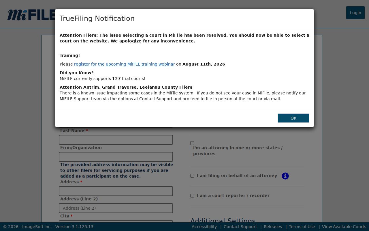 Hesperia court docket image of MiFILE registration