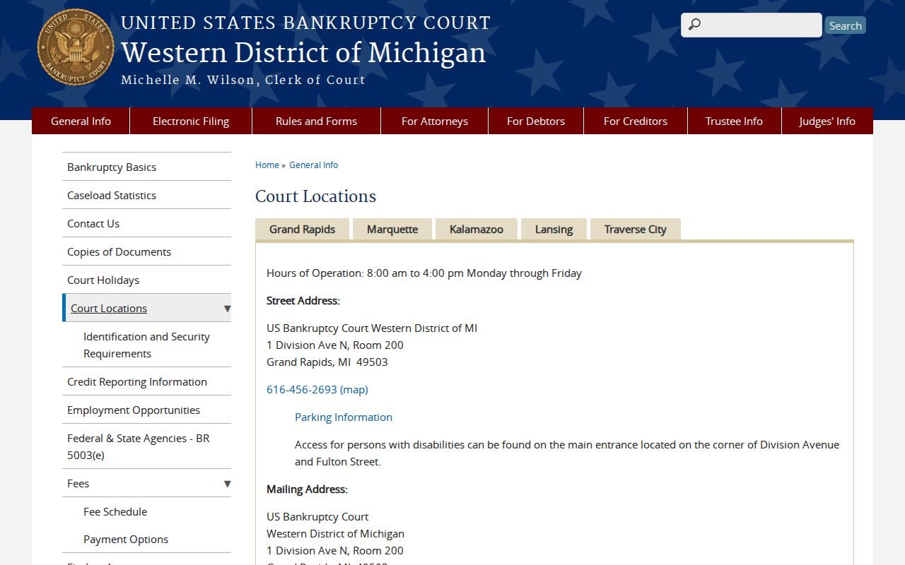 Pentwater court docket image of Western District Bankruptcy Court locations