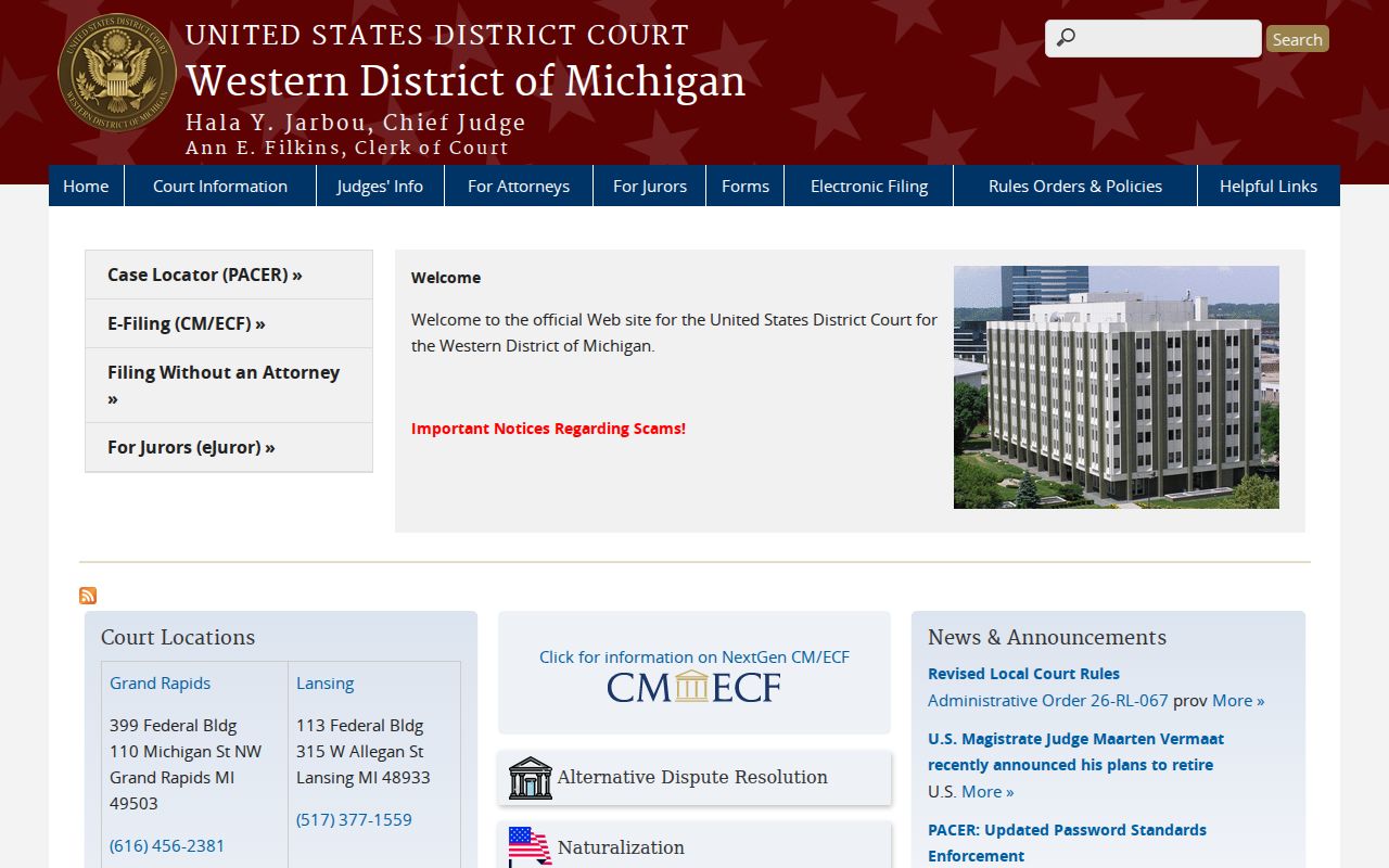 Pentwater court docket image of the Western District of Michigan