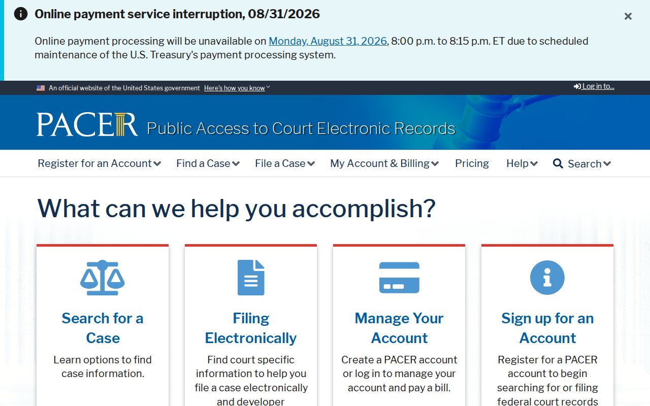 Rothbury court docket image of PACER official site