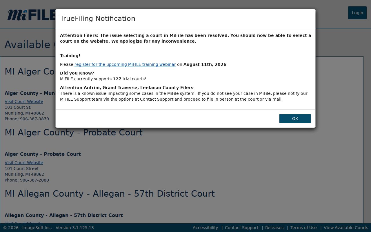 Shelby court docket image of the MiFILE available-courts listing