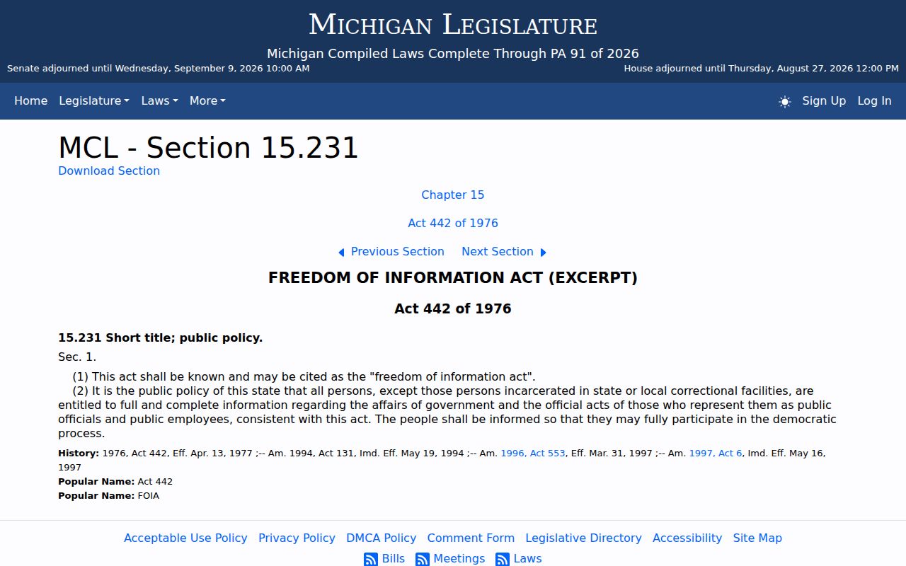 Oceana County traffic court records Michigan FOIA statute information